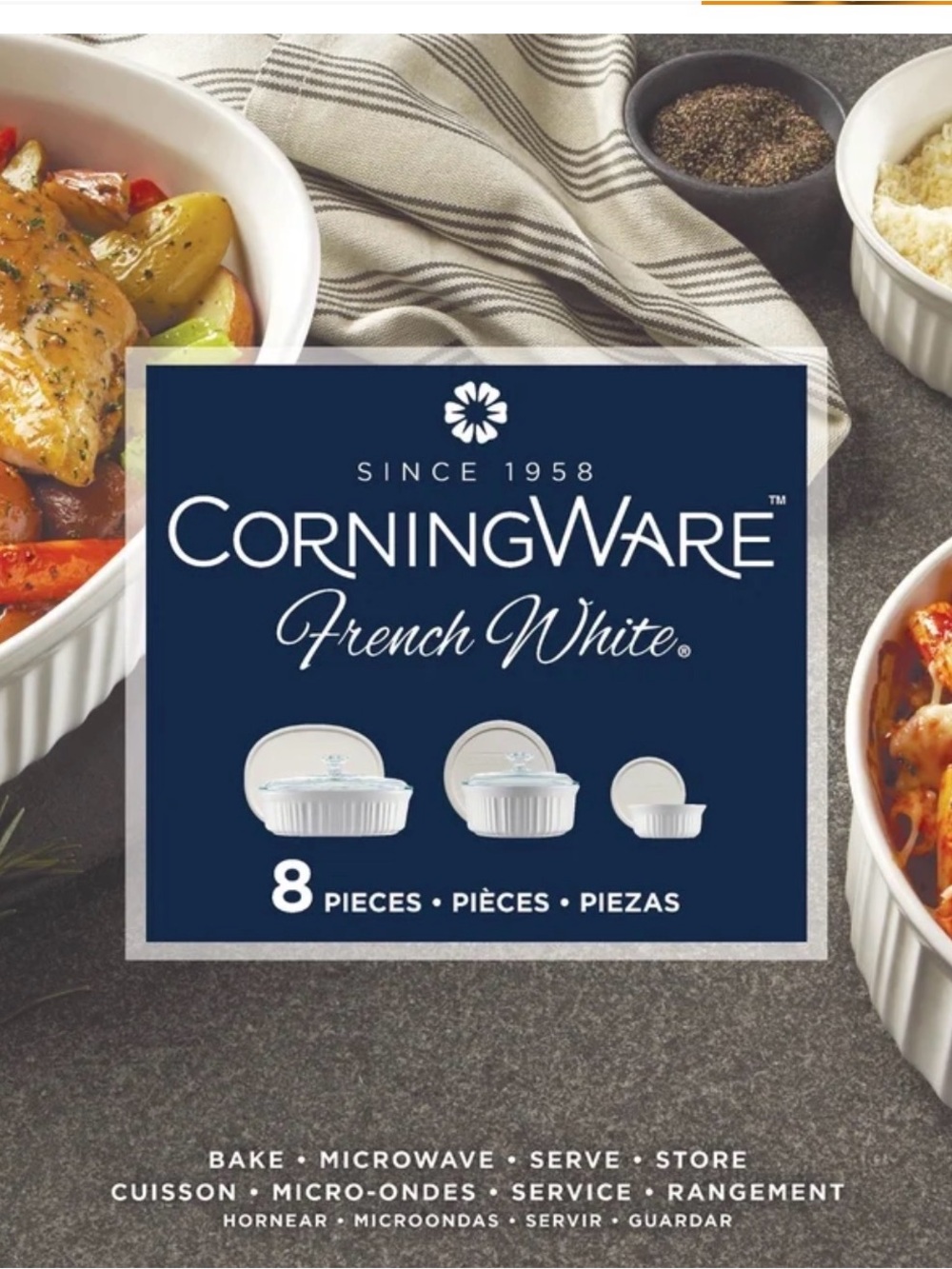 Corningware French White 8-Piece Oven-to-Table Serveware Set - White. NEW